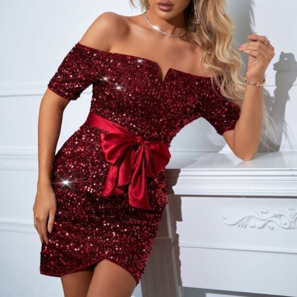 Sequin Off The Shoulder Dress burgundy - Picture 3 of 6